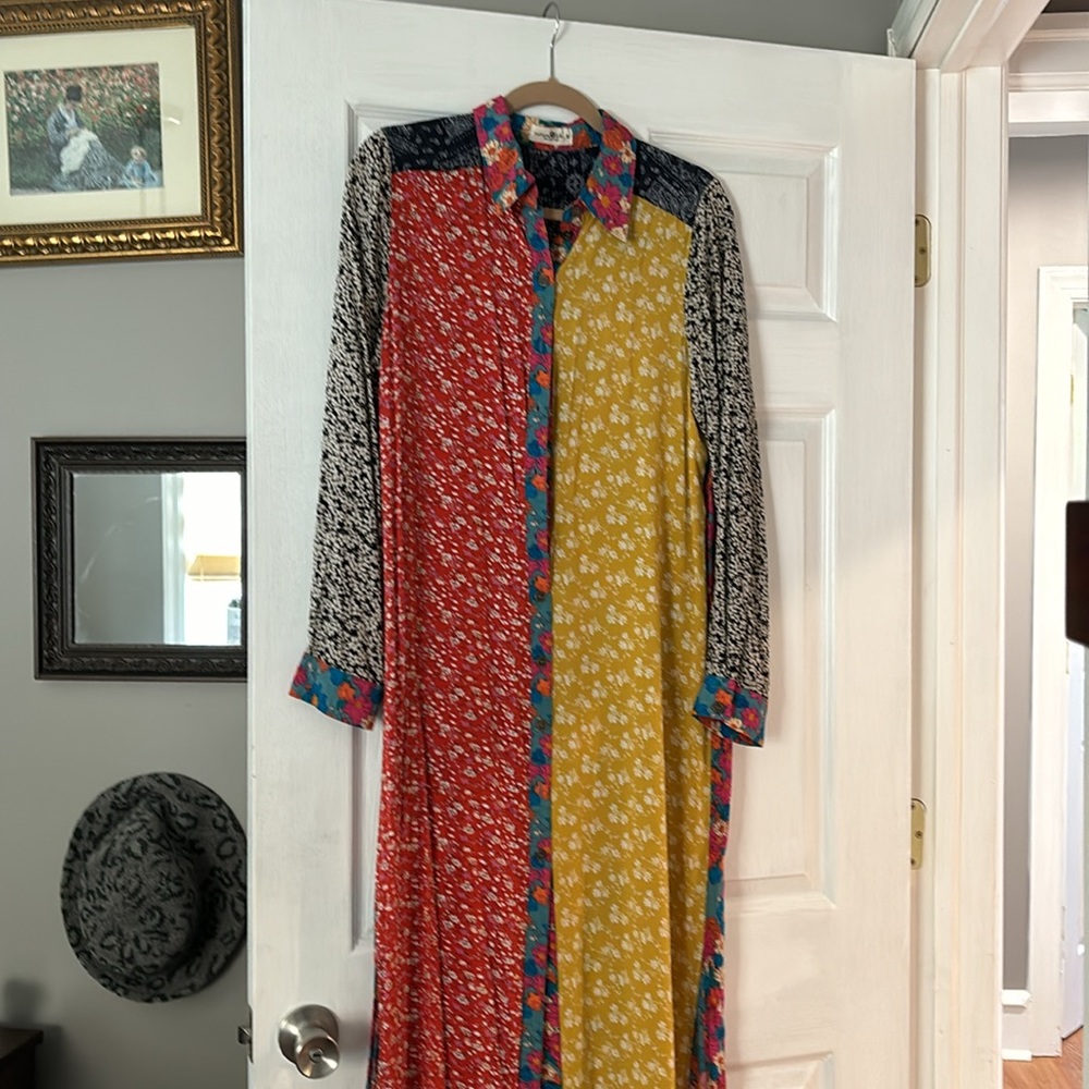 Natural Life Esme Floral Patchwork Bohemian Button Down Long Sleeve Shirt Dress